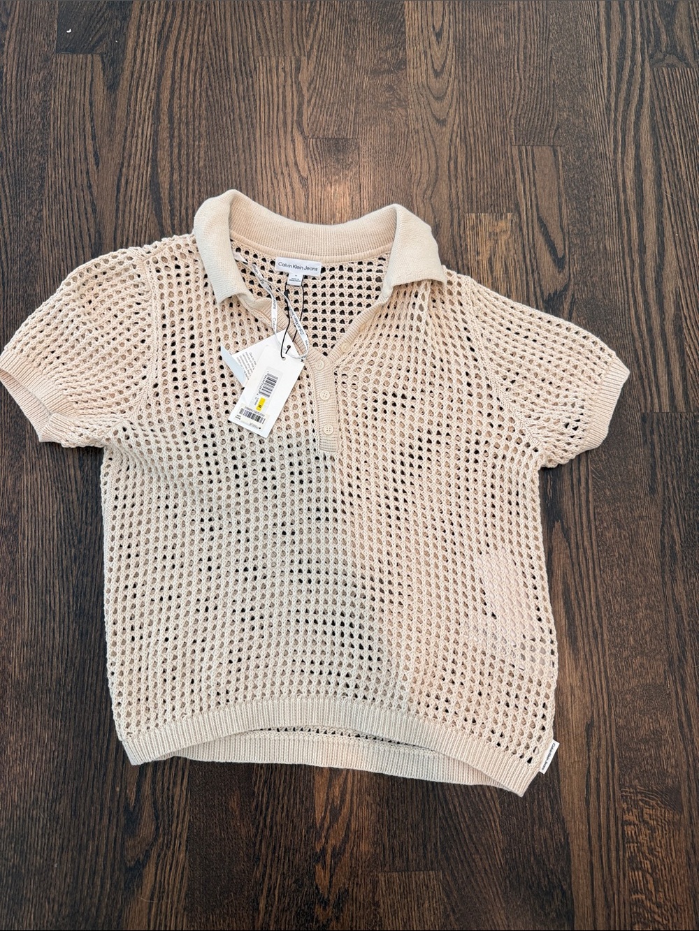 Calvin Klein Open-Knit Polo Top in Cream